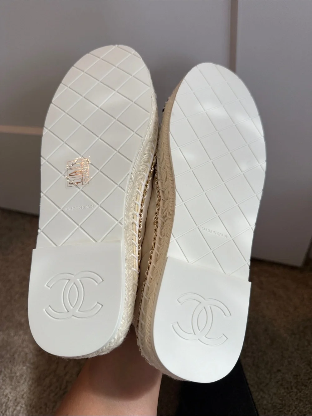 CHANEL White Quilted Espadrilles with Black Toe and Gold Chain
